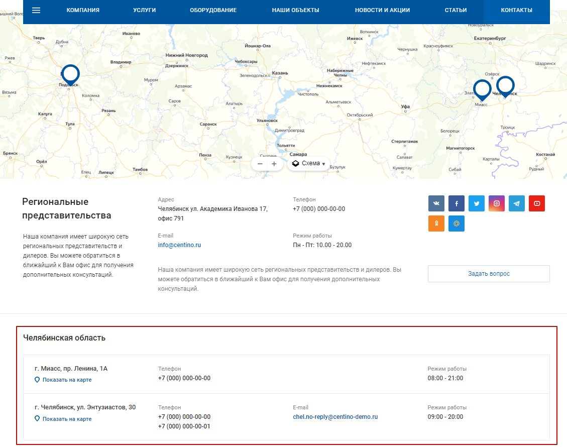 Редактирование информации о филиалах для типа контактов «Филиалы»